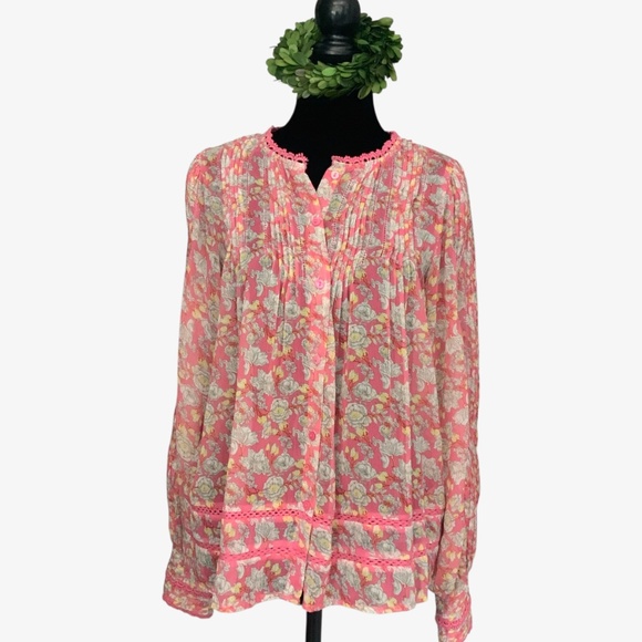 Anthropologie RannaGill Pink Floral Boho Pintuck Crochet Lace Chiffon Top S - Picture 1 of 13